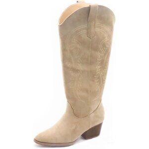 ⚡Women's Beige Embroidered Cowgirl Boots Knee High Pointed Toe Chunky Heel